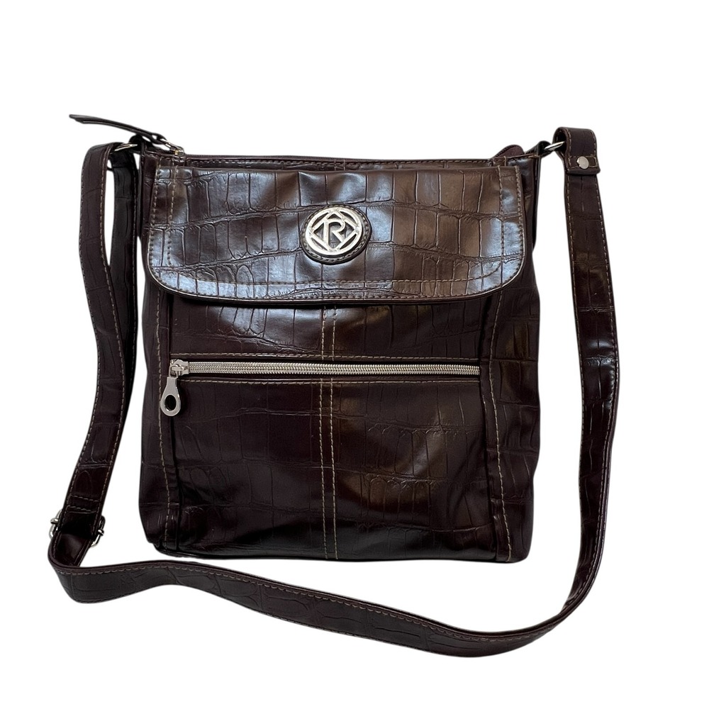 Relic Brown Crossbody Faux Leather Purse Crocodile Style Zip Closure‎